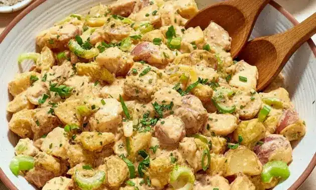 Bowl of creamy Cajun potato salad garnished with parsley and smoked paprika — a tasty Summer Southern Food side and top-rated Cajun Sides option for picnics and barbecues.
