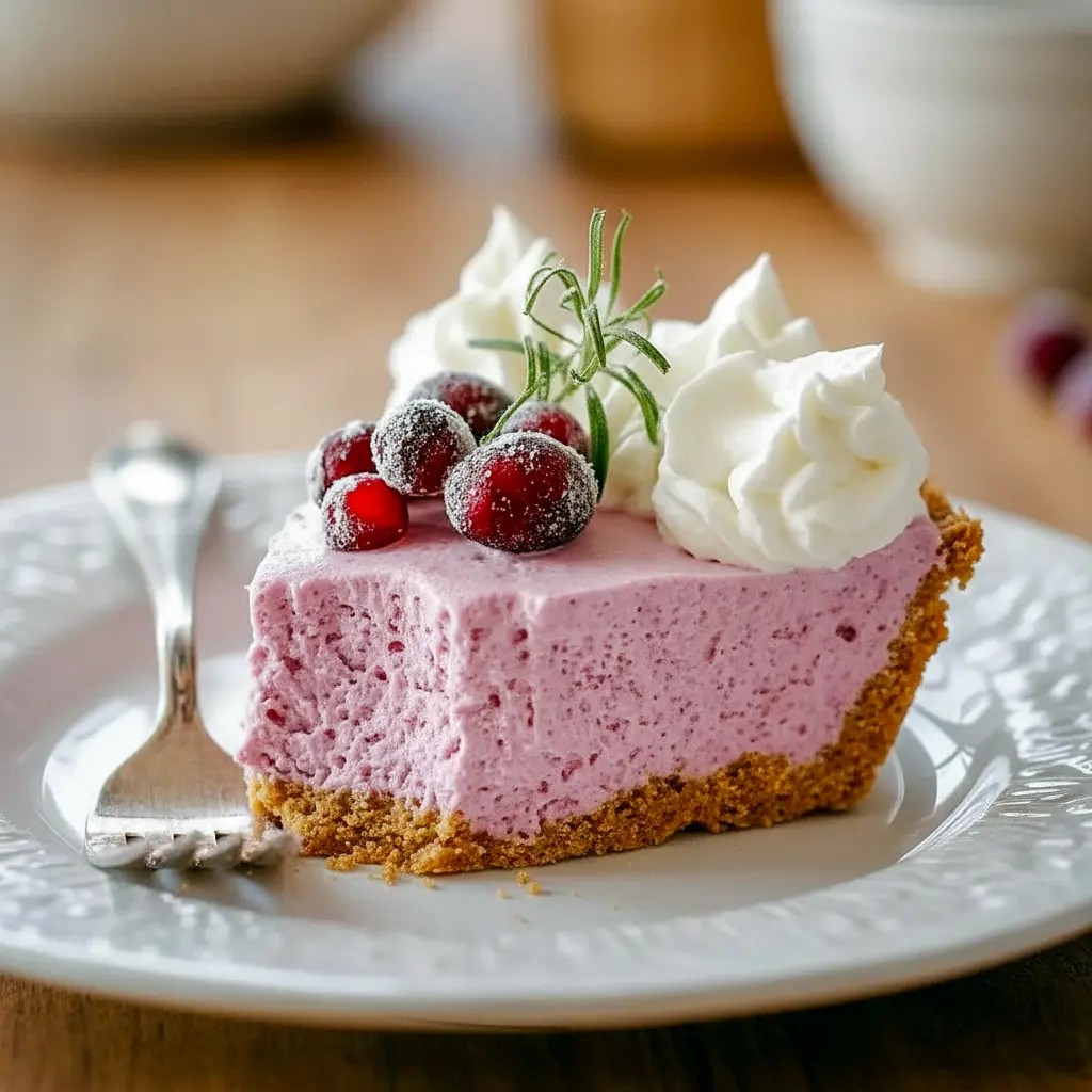 Cranberry Mousse Pie slice on a white plate, topped with whipped cream, sugared cranberries, and a rosemary sprig.