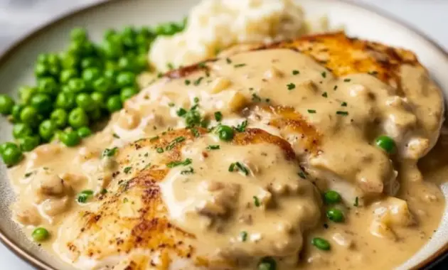 Golden-browned Boursin Cheese Chicken Bake topped with crispy panko and Parmesan, served on a plate with roasted asparagus.