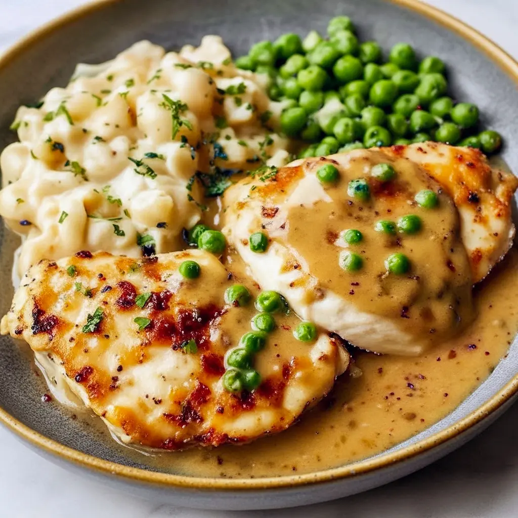 Golden-browned Boursin Cheese Chicken Bake topped with crispy panko and Parmesan, served on a plate with roasted asparagus.