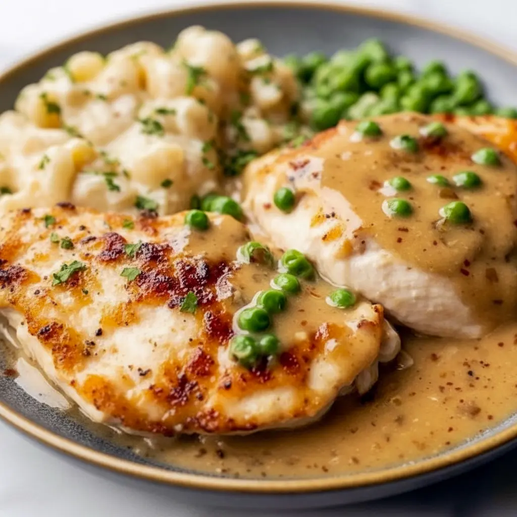 Golden-browned Boursin Cheese Chicken Bake topped with crispy panko and Parmesan, served on a plate with roasted asparagus.