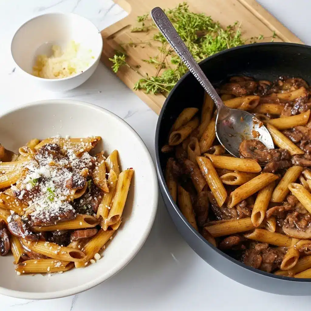 Close-up of Balsamic Mushroom Pasta coated in a glossy Balsamic Sauce For Pasta, finished with grated Parmesan and fresh thyme.