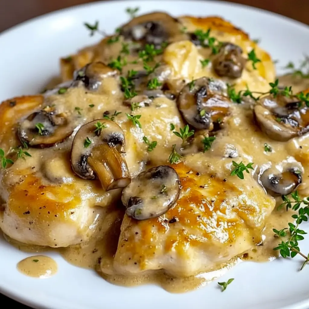 Mushroom Asiago Chicken Recipe — skillet of tender chicken in a creamy Asiago-mushroom sauce, garnished with thyme and grated cheese.