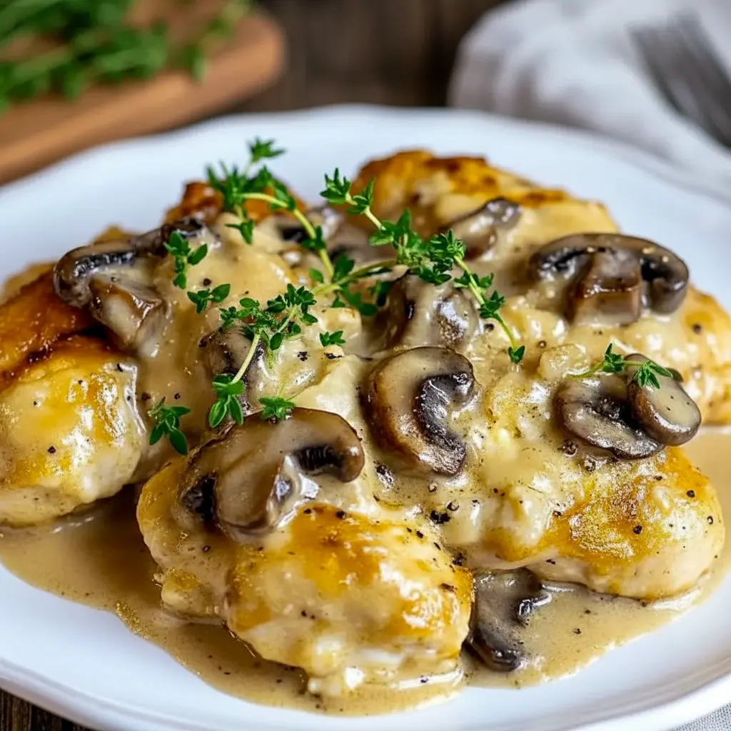 Mushroom Asiago Chicken Recipe — skillet of tender chicken in a creamy Asiago-mushroom sauce, garnished with thyme and grated cheese.