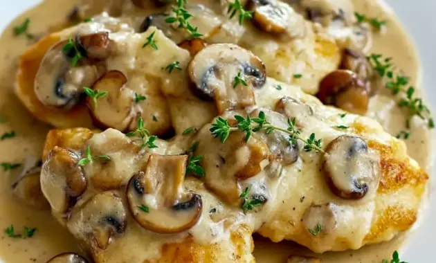 Mushroom Asiago Chicken Recipe — skillet of tender chicken in a creamy Asiago-mushroom sauce, garnished with thyme and grated cheese.