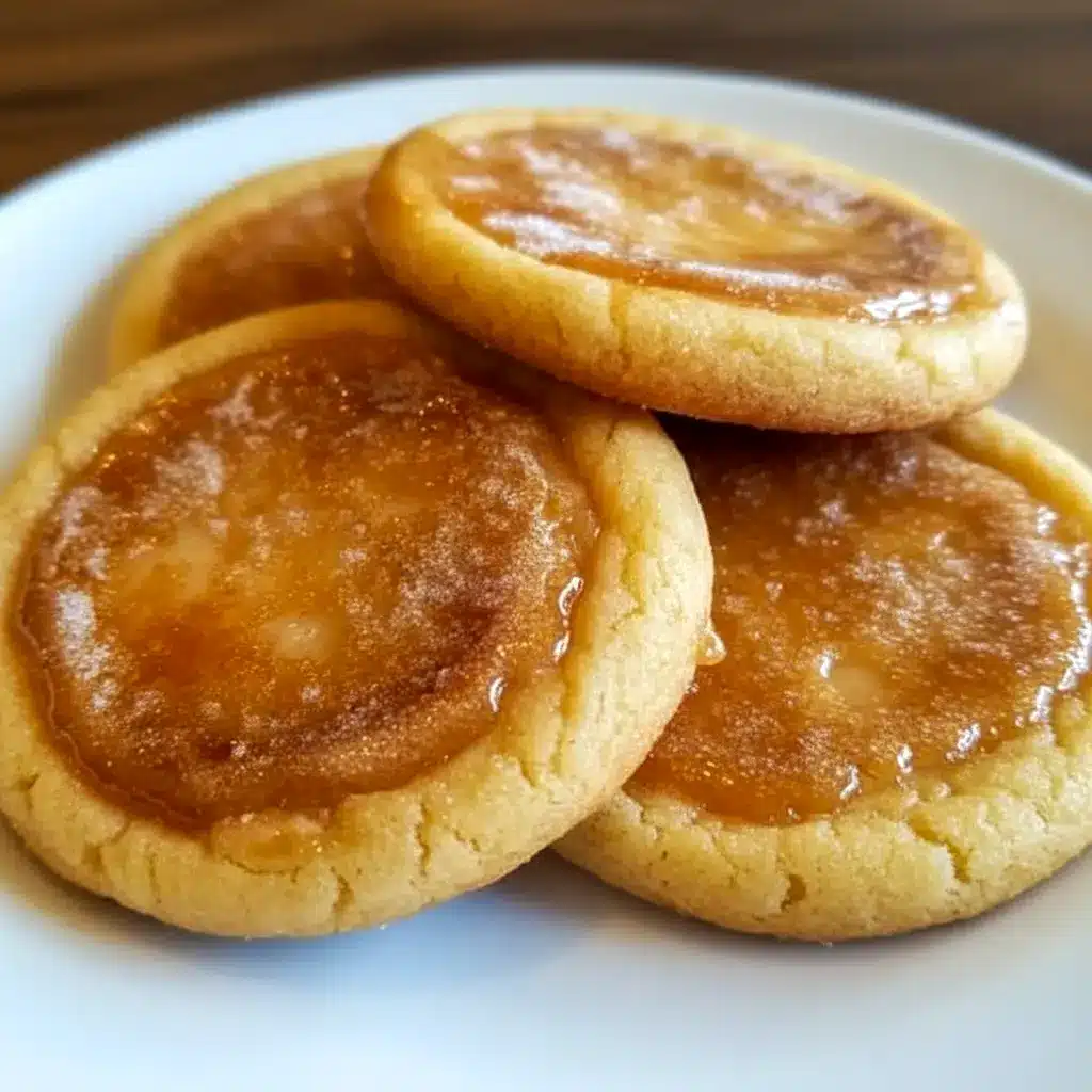 Creme Brule Cookies on a platter, caramelized golden tops cracked to reveal a tender, creamy center, styled with a sprinkle of coarse sugar.