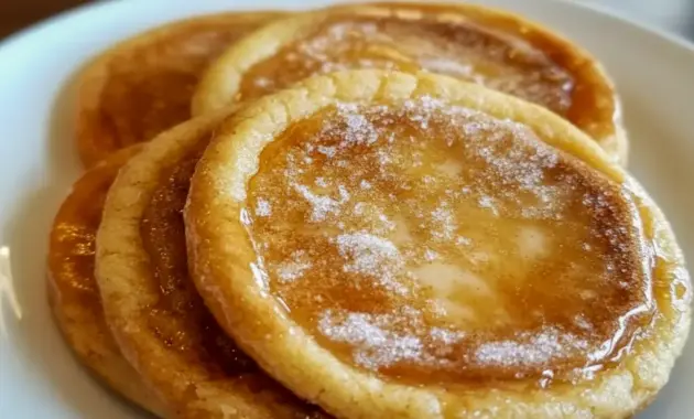 Creme Brule Cookies on a platter, caramelized golden tops cracked to reveal a tender, creamy center, styled with a sprinkle of coarse sugar.