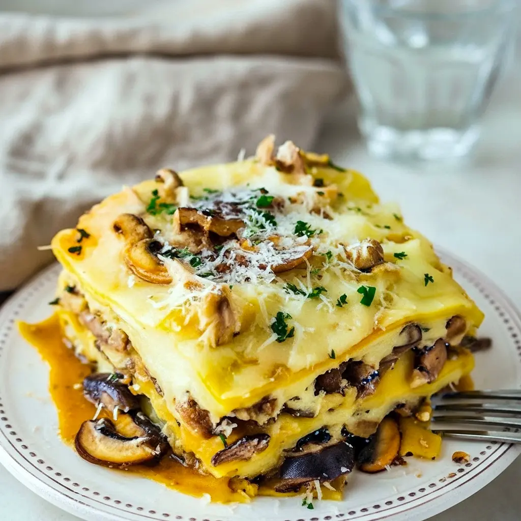 Slice of Mushroom Lasagna With Parmesan Bechamel showing creamy Mushroom Bechamel Lasagna layers, golden cheese, and a sprinkle of grated Pecorino on top.