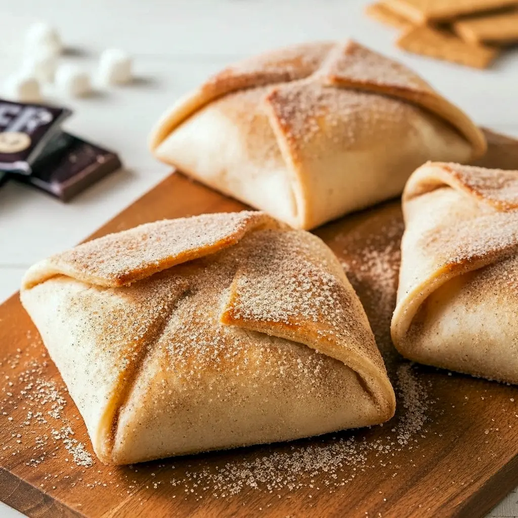 Close-up of a halved S’mores Crunchwrap showing oozing chocolate and marshmallow with a golden, cinnamon-sugar coated tortilla.