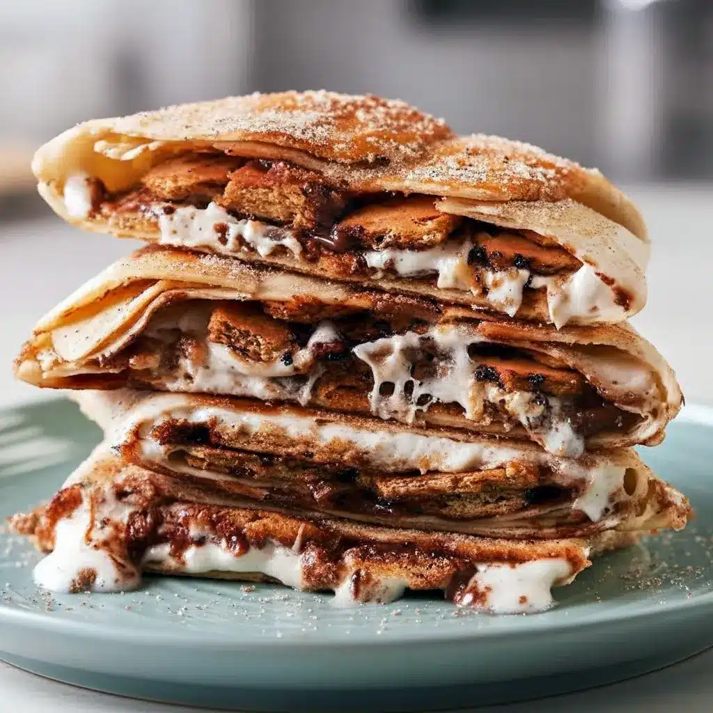 Close-up of a halved S’mores Crunchwrap showing oozing chocolate and marshmallow with a golden, cinnamon-sugar coated tortilla.
