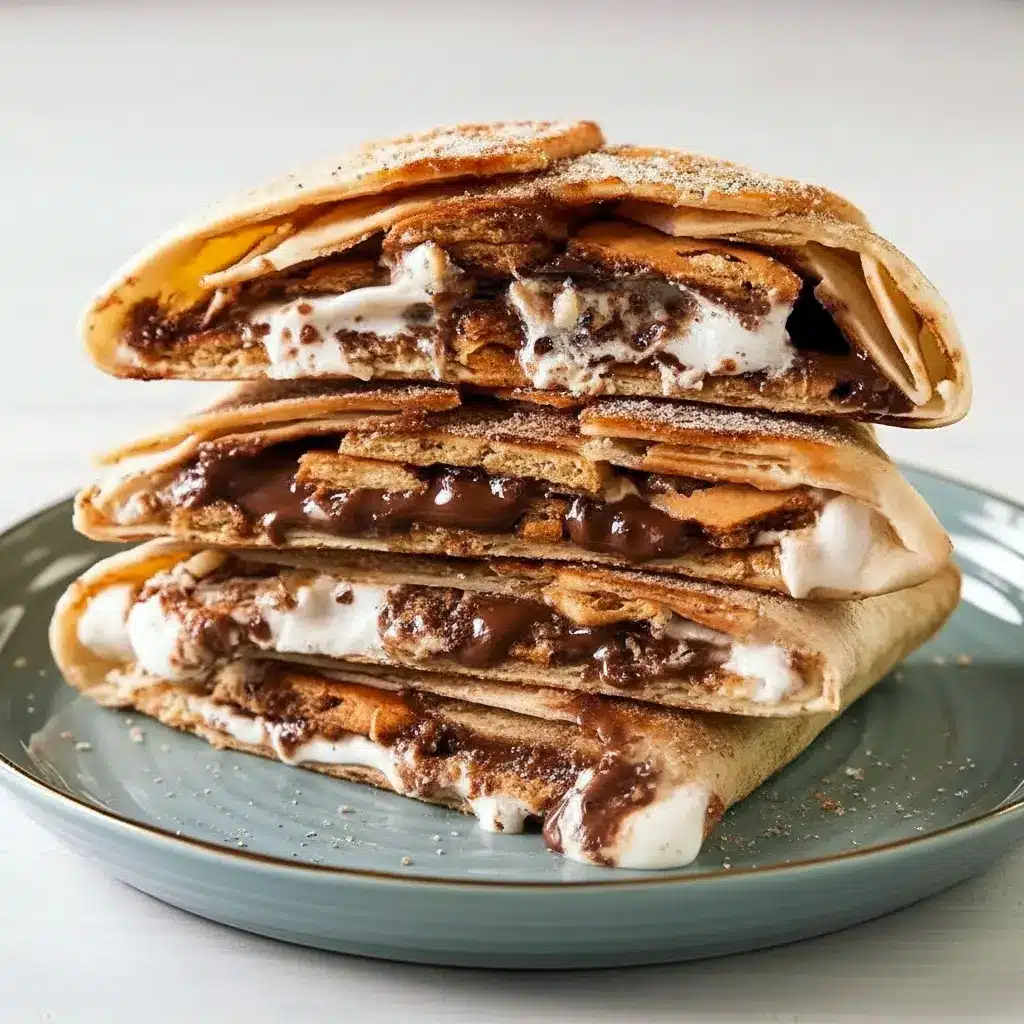 Close-up of a halved S’mores Crunchwrap showing oozing chocolate and marshmallow with a golden, cinnamon-sugar coated tortilla.