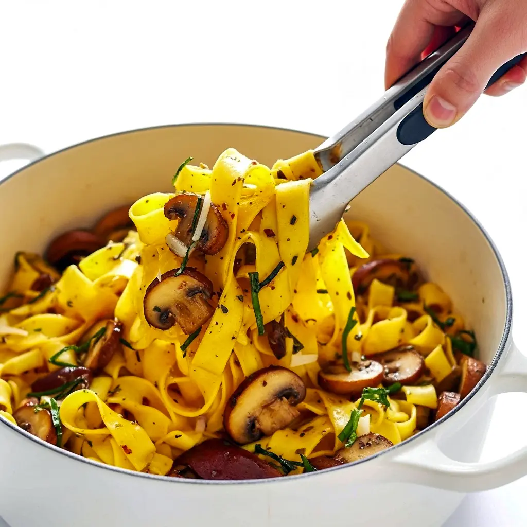 Close-up of a pappardelle bowl piled with golden, balsamic-glazed mushrooms and grated Parmesan — a hearty Mushroom Lovers Pasta shot highlighting a warm Vegetarian Pasta With Mushrooms serving.
