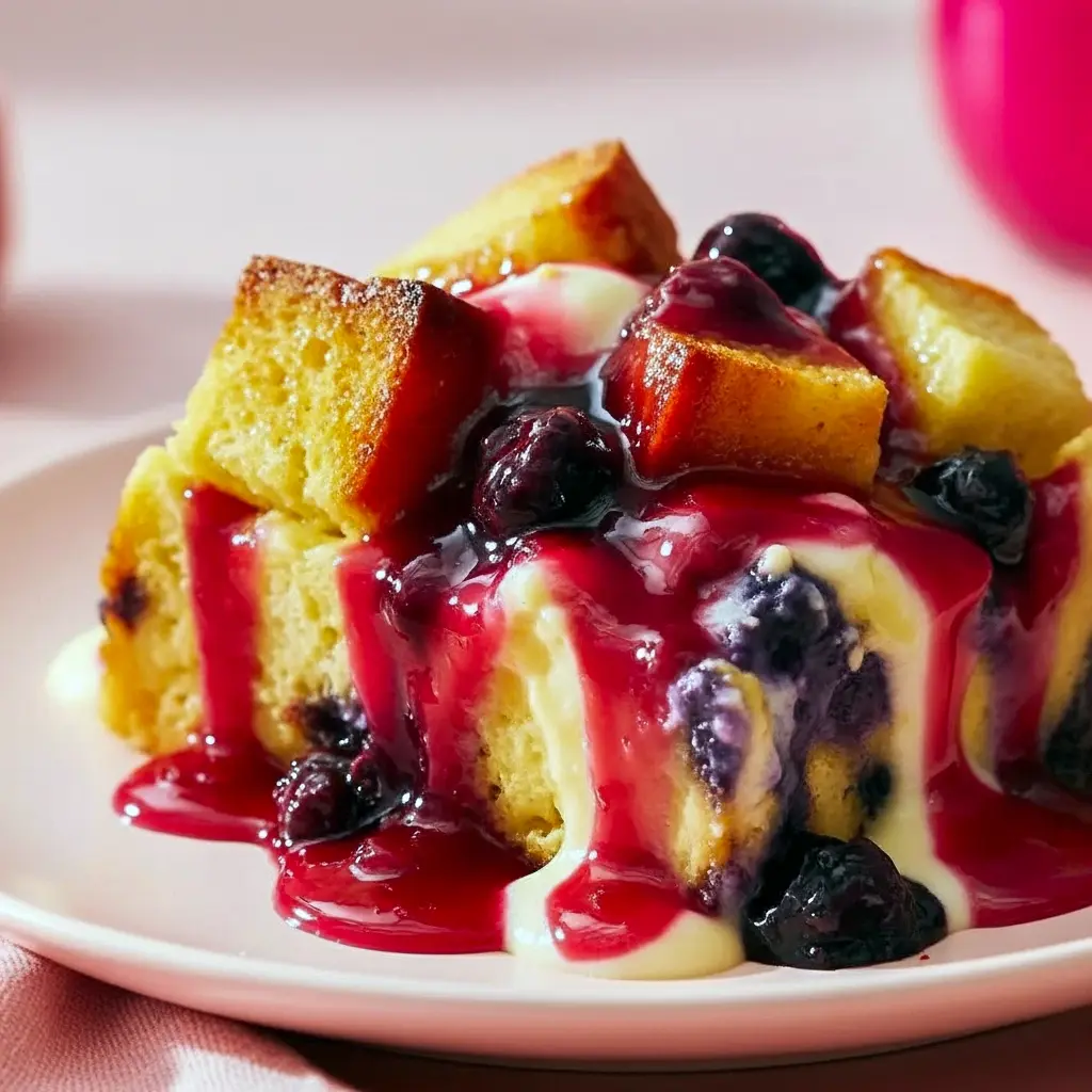 Close-up of a slice of Overnight Blueberry French Toast drizzled with glossy Blueberry Sauce, topped with fresh berries and a sprinkle of powdered sugar.