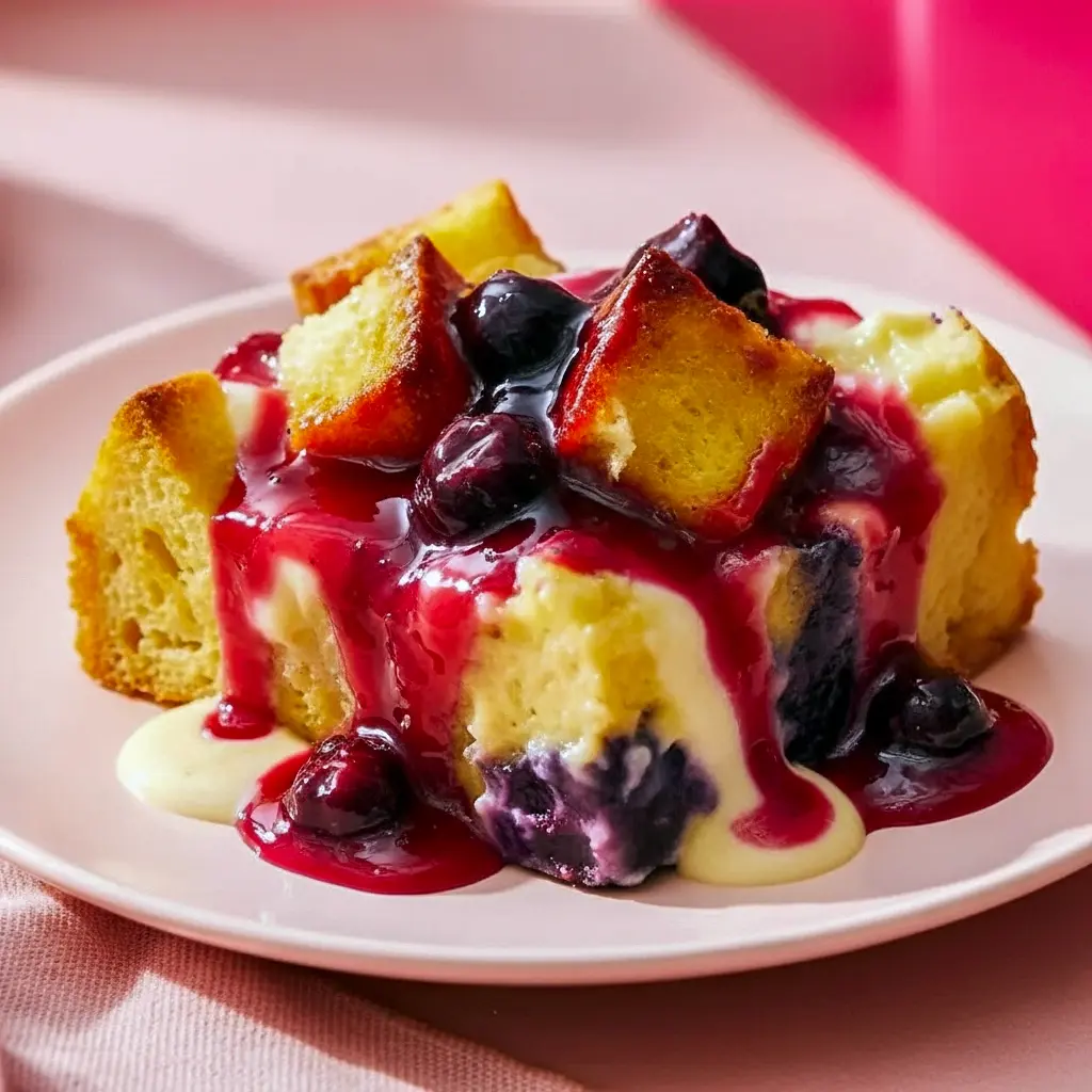 Close-up of a slice of Overnight Blueberry French Toast drizzled with glossy Blueberry Sauce, topped with fresh berries and a sprinkle of powdered sugar.