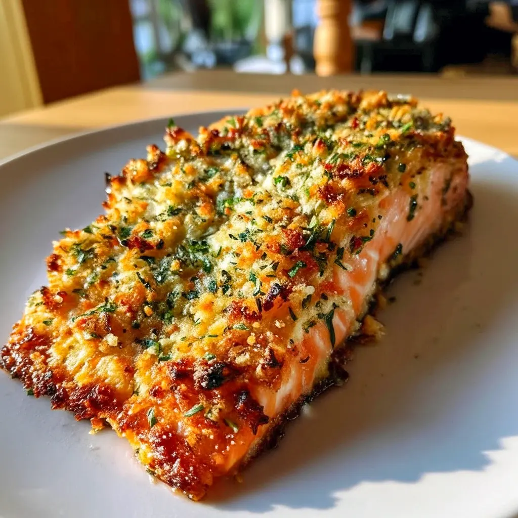 Parmesan-Crusted Salmon on a plate with lemon wedges and greens — golden crust and flaky fish, a classic Salmon Dinner Idea.