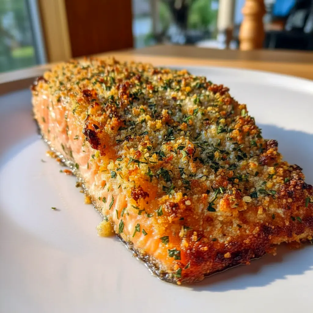Parmesan-Crusted Salmon on a plate with lemon wedges and greens — golden crust and flaky fish, a classic Salmon Dinner Idea.