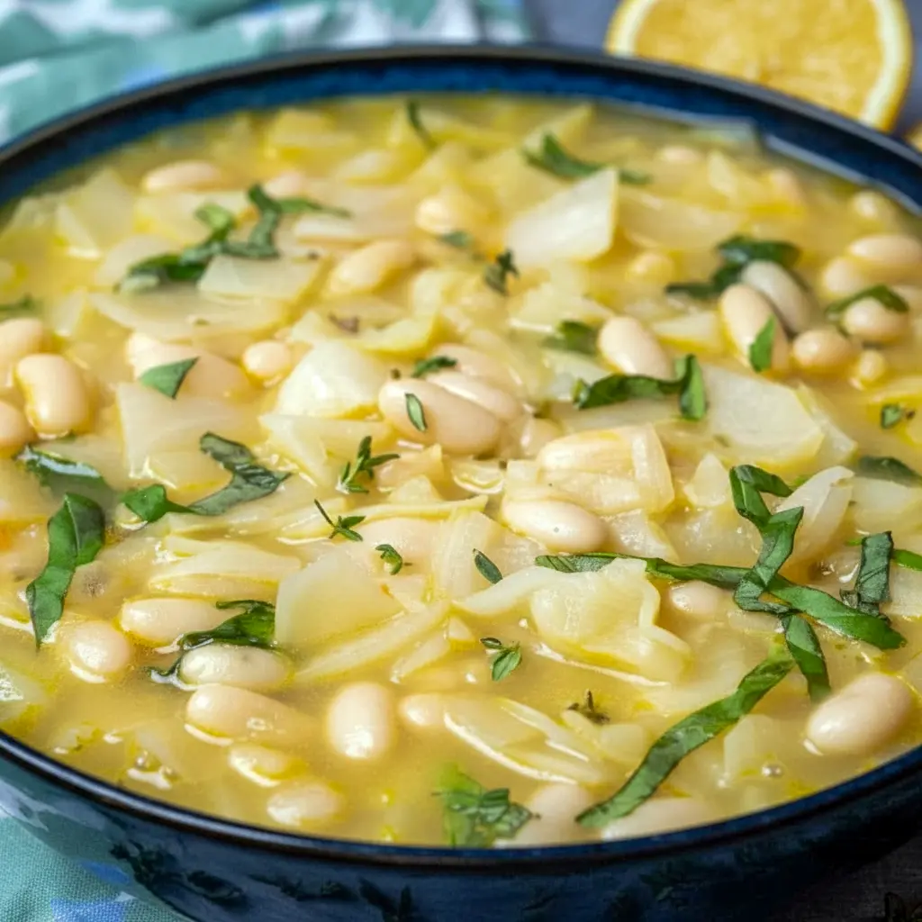 Bowl of steaming Bean And Cabbage Soup with shredded cabbage, white beans, fresh basil, and a lemon wedge, served with crusty bread.