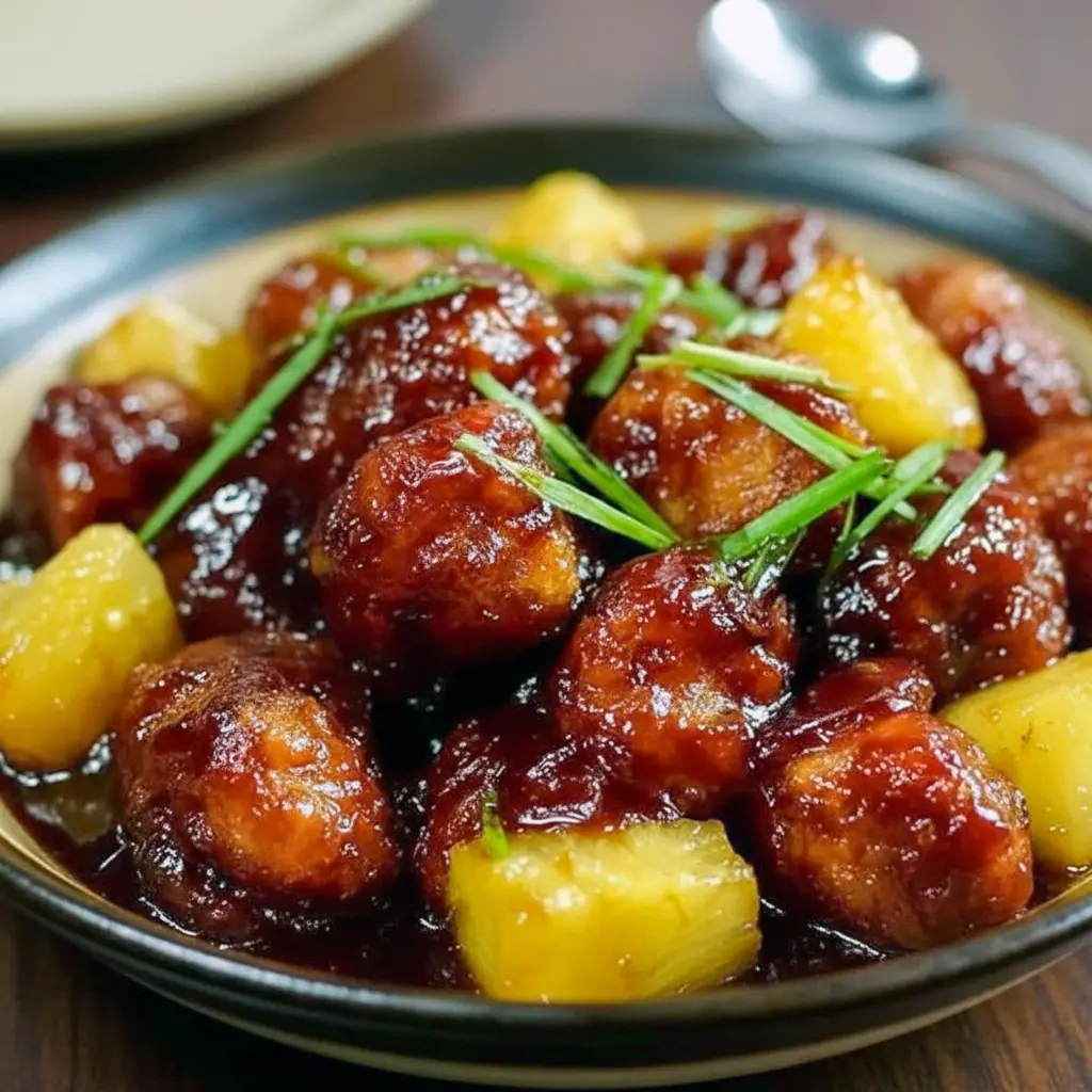 Plate of Pineapple Chicken glazed with brown-sugar sauce and pineapple chunks, garnished with green onions and served over rice.