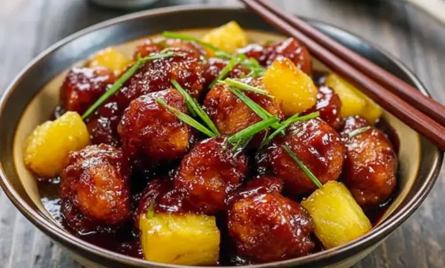 Plate of Pineapple Chicken glazed with brown-sugar sauce and pineapple chunks, garnished with green onions and served over rice.