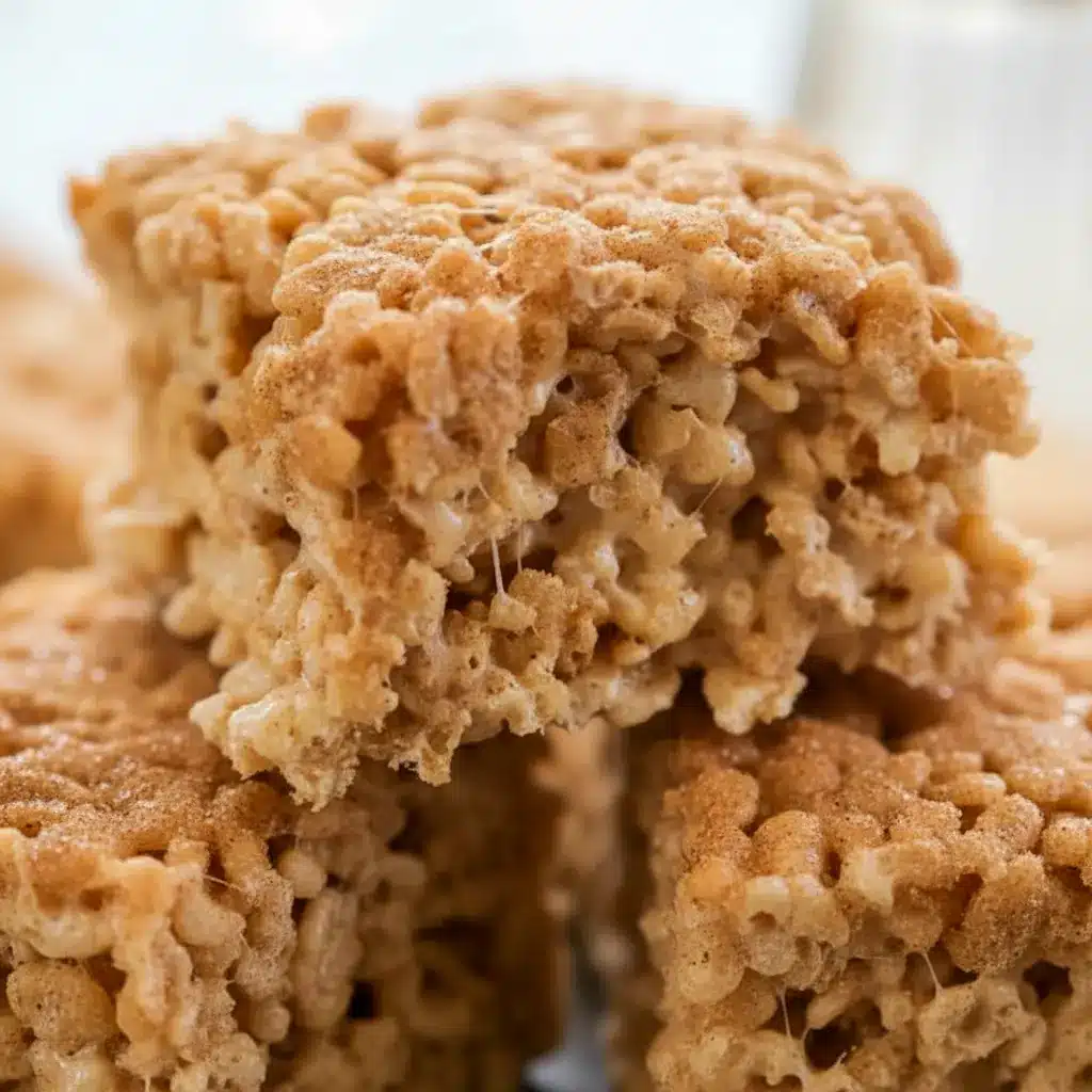 Close-up of two stacked Churro Rice Krispie bars, golden with cinnamon-sugar coating and gooey marshmallow pulls.