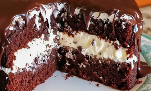 Sliced Ding Dong Cake showing moist chocolate layers and a fluffy cream filling — a classic Cakes With Filling look.
