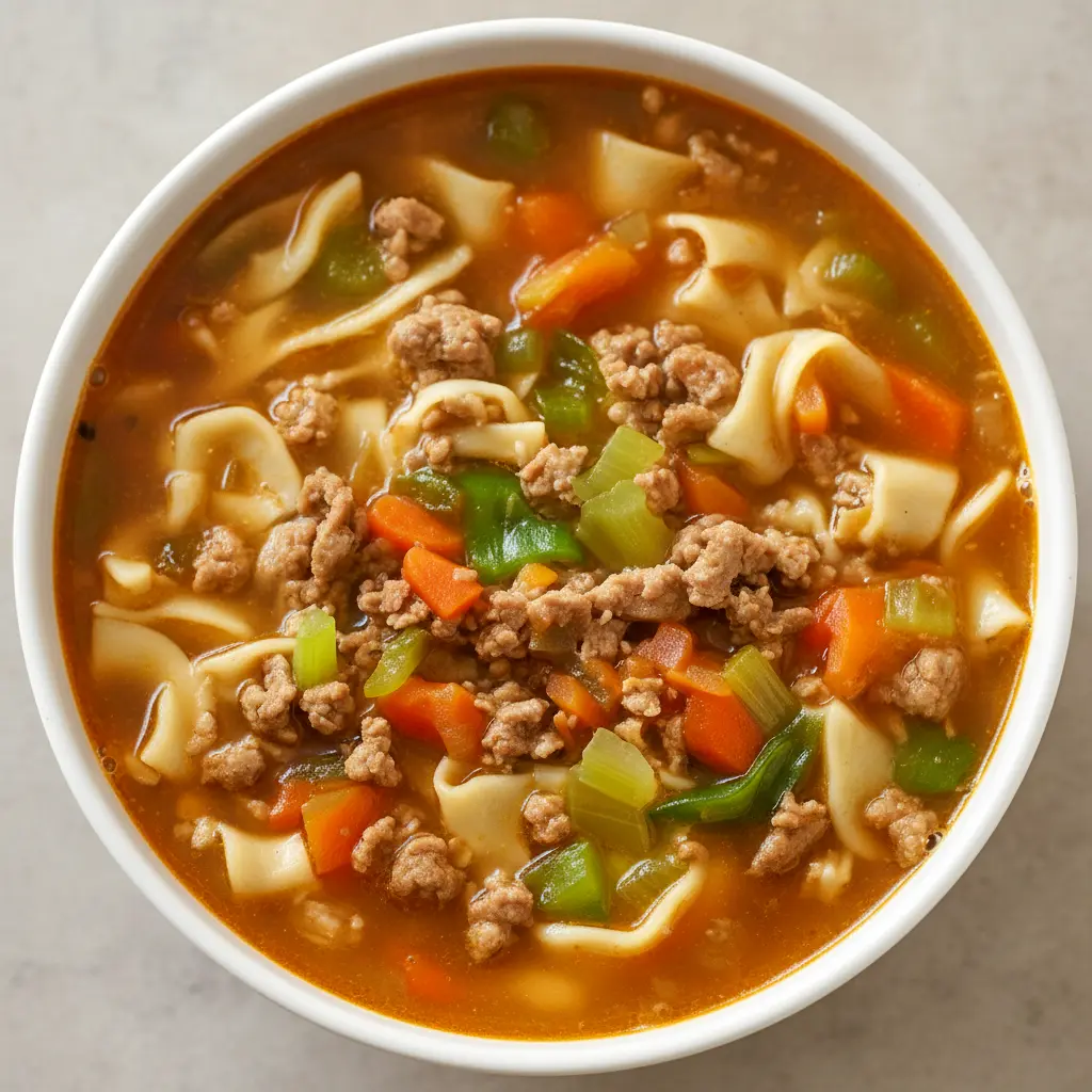 Close-up bowl of Homemade Soup Recipe egg roll soup showing pork, shredded cabbage, carrot ribbons, sliced green onions, and a halved boiled egg.