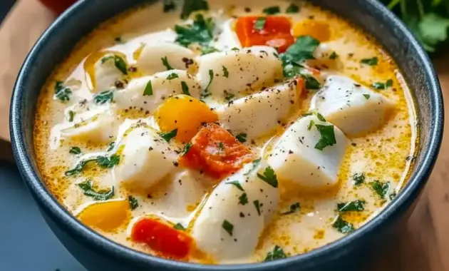 Fish Stew With Coconut Milk: creamy coconut broth with chunks of white fish, chopped cilantro, and a lime wedge, served in a shallow bowl.