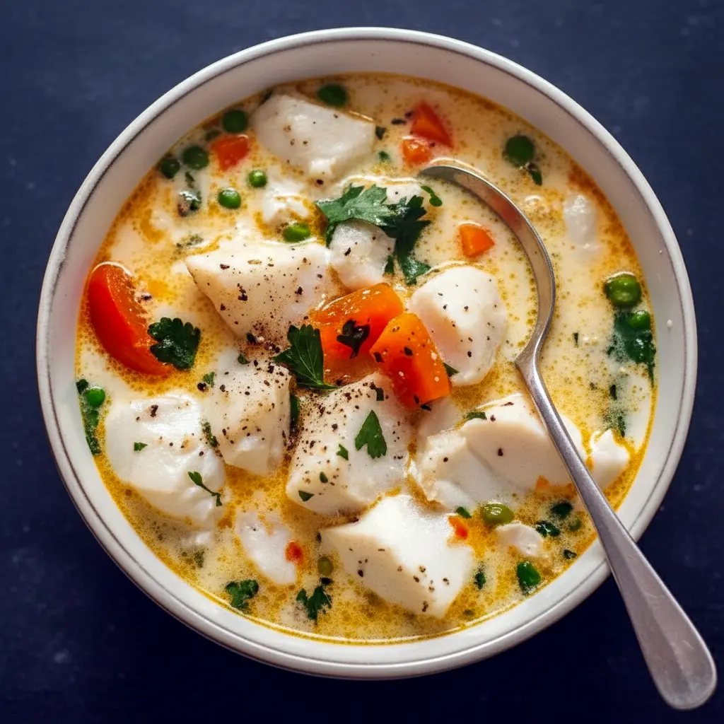 Fish Stew With Coconut Milk: creamy coconut broth with chunks of white fish, chopped cilantro, and a lime wedge, served in a shallow bowl.