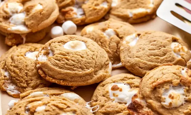 Close-up of a warm Peanut Butter Marshmallow Cookies cookie showing gooey marshmallow pockets and a tender, golden edge — a cozy Gluten Free Peanut Butter Dessert.