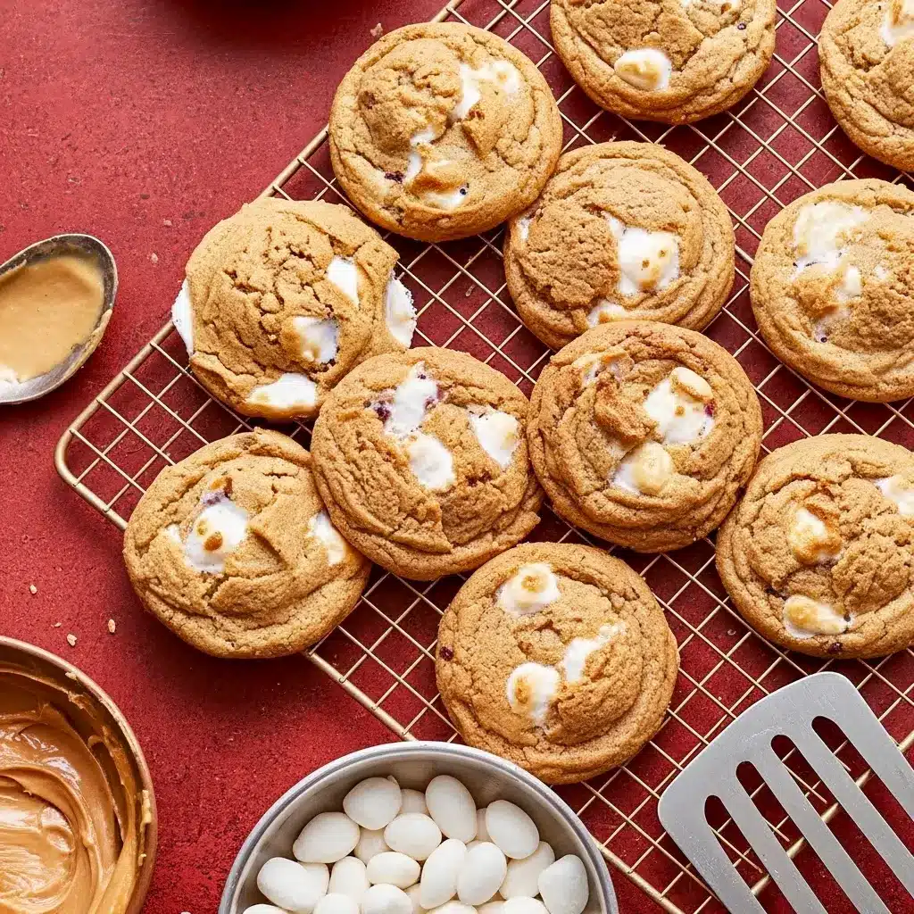 Close-up of a warm Peanut Butter Marshmallow Cookies cookie showing gooey marshmallow pockets and a tender, golden edge — a cozy Gluten Free Peanut Butter Dessert.