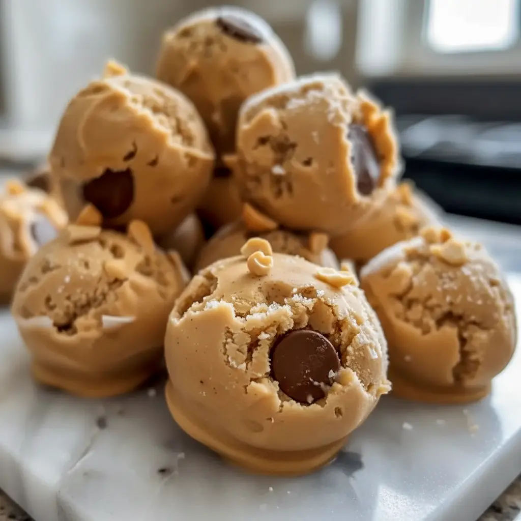 Greek Yogurt And Peanut Butter frozen bites on a small plate, dotted with mini chocolate chips — perfect Greek Yogurt Bites for a healthy snack.
