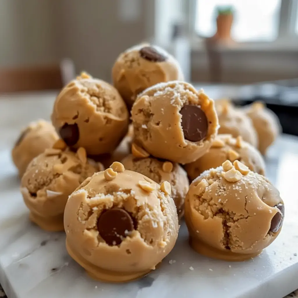 Greek Yogurt And Peanut Butter frozen bites on a small plate, dotted with mini chocolate chips — perfect Greek Yogurt Bites for a healthy snack.