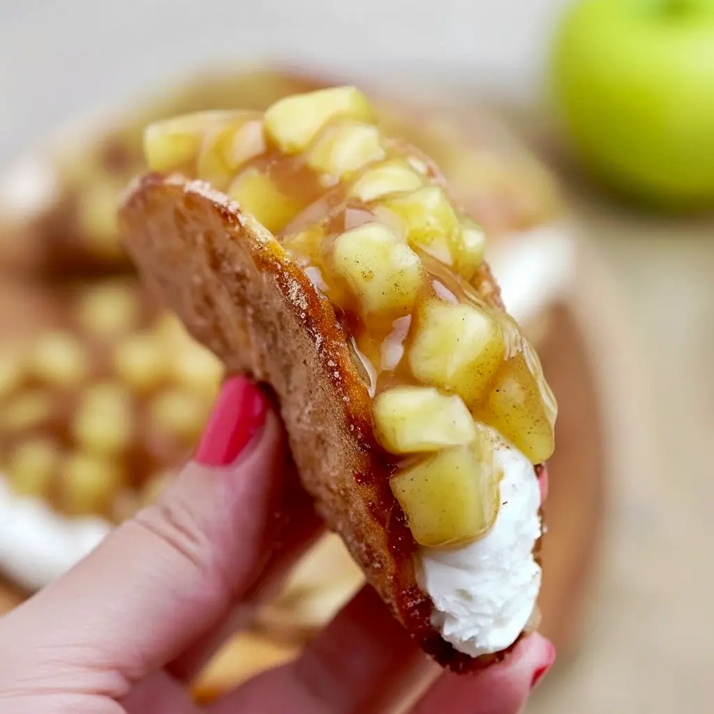 Homemade Apple Cheesecake Tacos: close-up of Cinnamon Sugar Tortillas shaped into taco shells, filled with creamy cheesecake and spiced apple topping, dusted with powdered sugar.