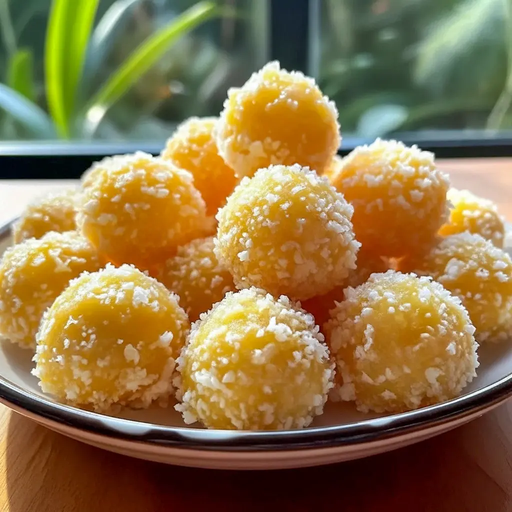 A platter of Pineapple Christmas Balls rolled in shredded coconut and arranged with festive greenery — a colorful Pineapple Recipes holiday treat ready to serve.