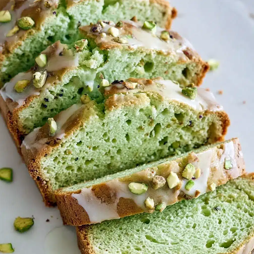 Slice of Pistachio Pudding Bread with pale green crumb and crushed pistachio topping, presented on a wooden board — a soft Pistachio Bread ideal for brunch or dessert.