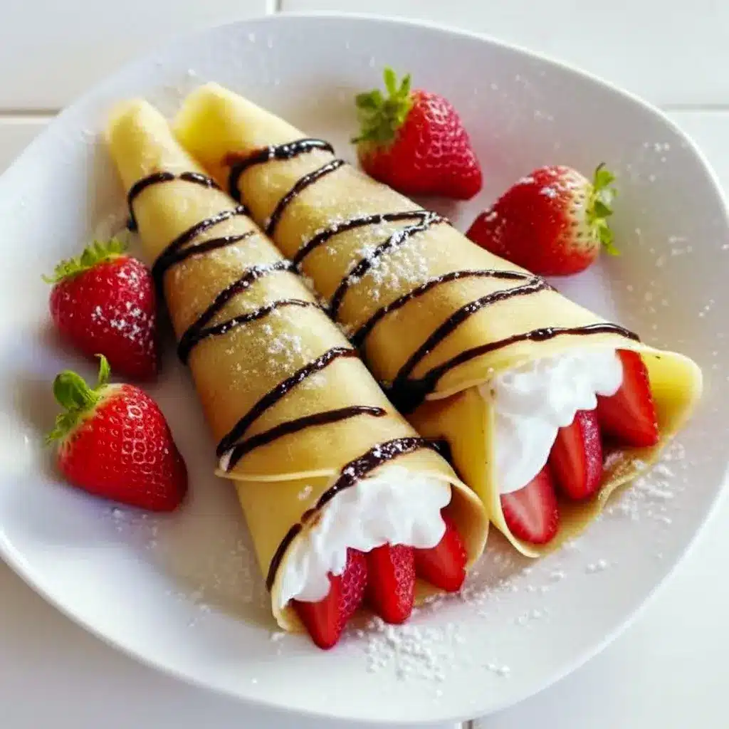 Close-up of stacked Sweet Crepes Recipe filled with sliced strawberries and whipped cream, drizzled with chocolate for a Strawberry Chocolate Crepes finish.