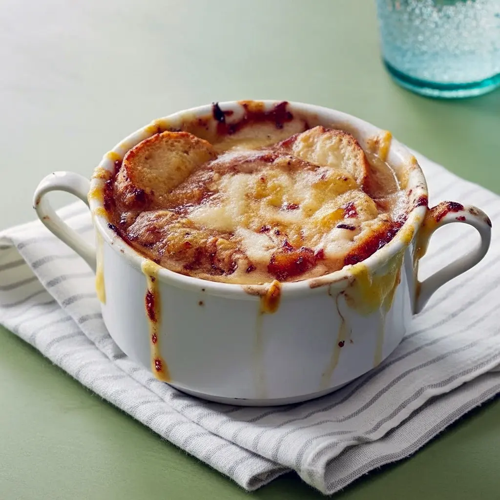 French Onion Soup Recipe — steaming bowl of onion soup topped with a toasted baguette slice and bubbling, browned cheese under the broiler.