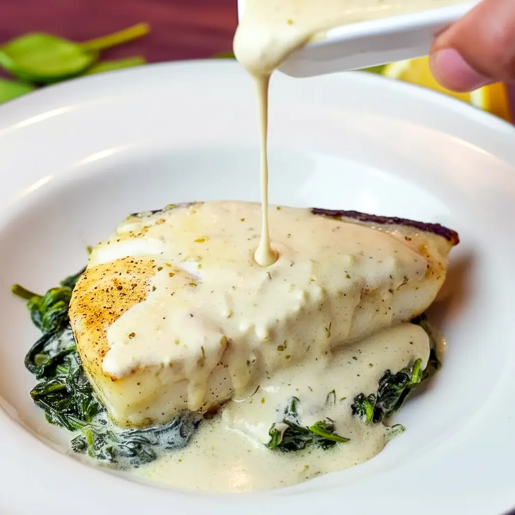 Close-up of Foil-Baked Chilean Sea Bass With Lemon Parmesan Cream Sauce on a white plate: golden, flaky fish over wilted garlic spinach, drizzled with creamy lemon-parmesan sauce and lemon zest.