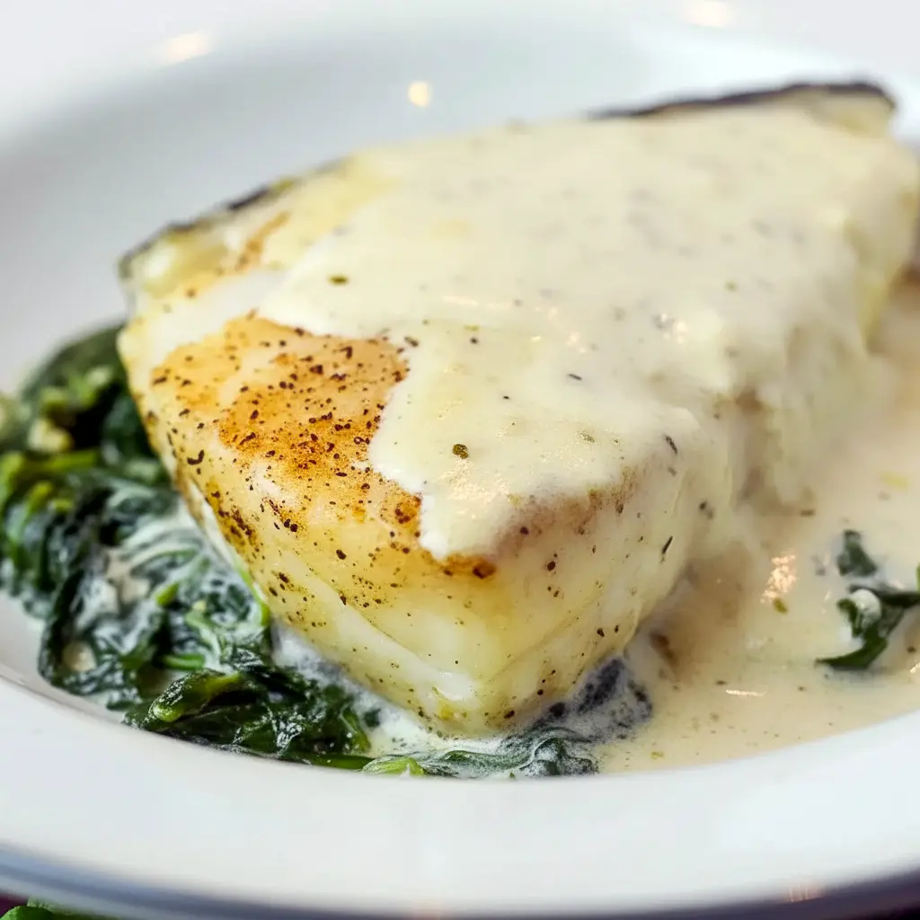 Close-up of Foil-Baked Chilean Sea Bass With Lemon Parmesan Cream Sauce on a white plate: golden, flaky fish over wilted garlic spinach, drizzled with creamy lemon-parmesan sauce and lemon zest.