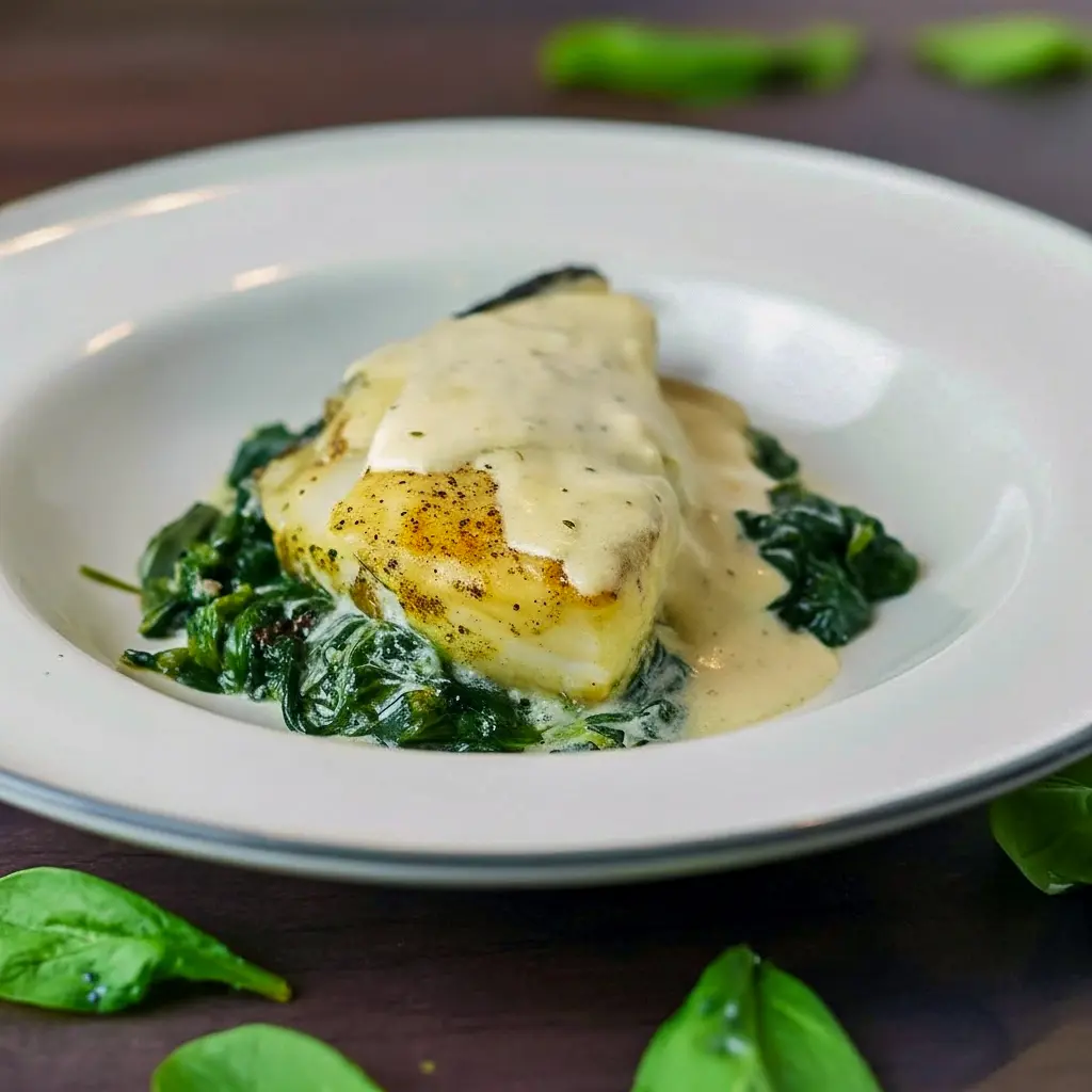 Close-up of Foil-Baked Chilean Sea Bass With Lemon Parmesan Cream Sauce on a white plate: golden, flaky fish over wilted garlic spinach, drizzled with creamy lemon-parmesan sauce and lemon zest.