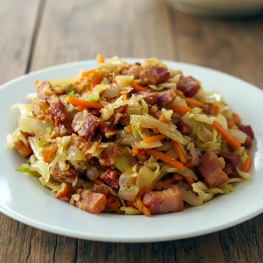 Skillet of Fried Cabbage with crispy bits of Bacon Fried Cabbage, golden onions, and garlic, styled in a rustic pan — a hearty Side Recipes idea.