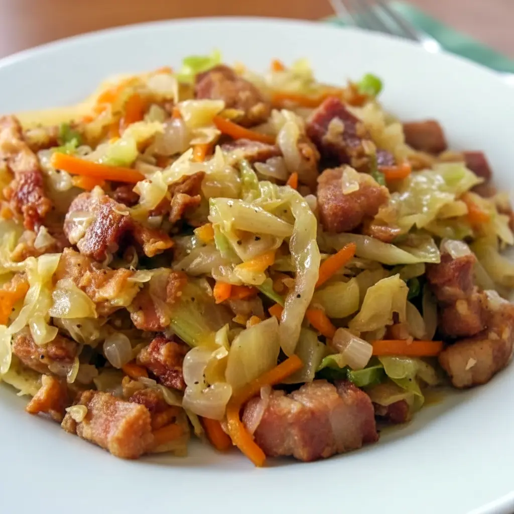 Skillet of Fried Cabbage with crispy bits of Bacon Fried Cabbage, golden onions, and garlic, styled in a rustic pan — a hearty Side Recipes idea.