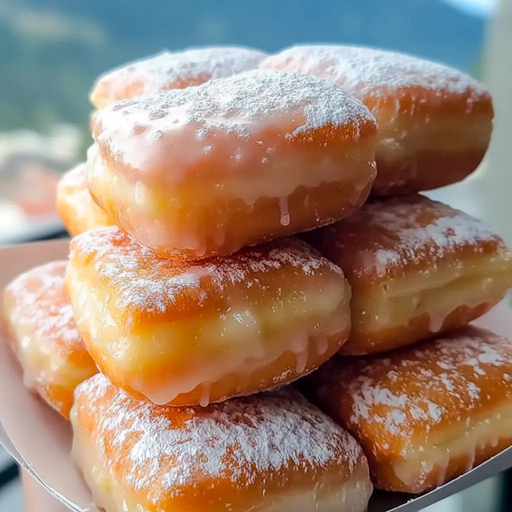 Close-up of a glazed Buttermilk Beignet square on a wire rack, showing shiny vanilla glaze and tender, golden interior.