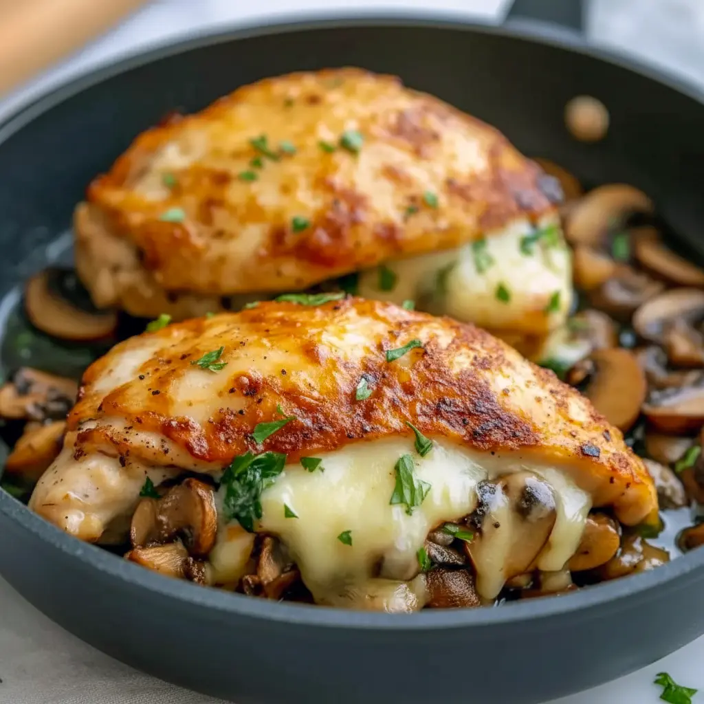 Sliced Stuffed Chicken Breast showing mushroom, spinach, and gooey cheese filling on a plate with greens — close-up, golden-baked.