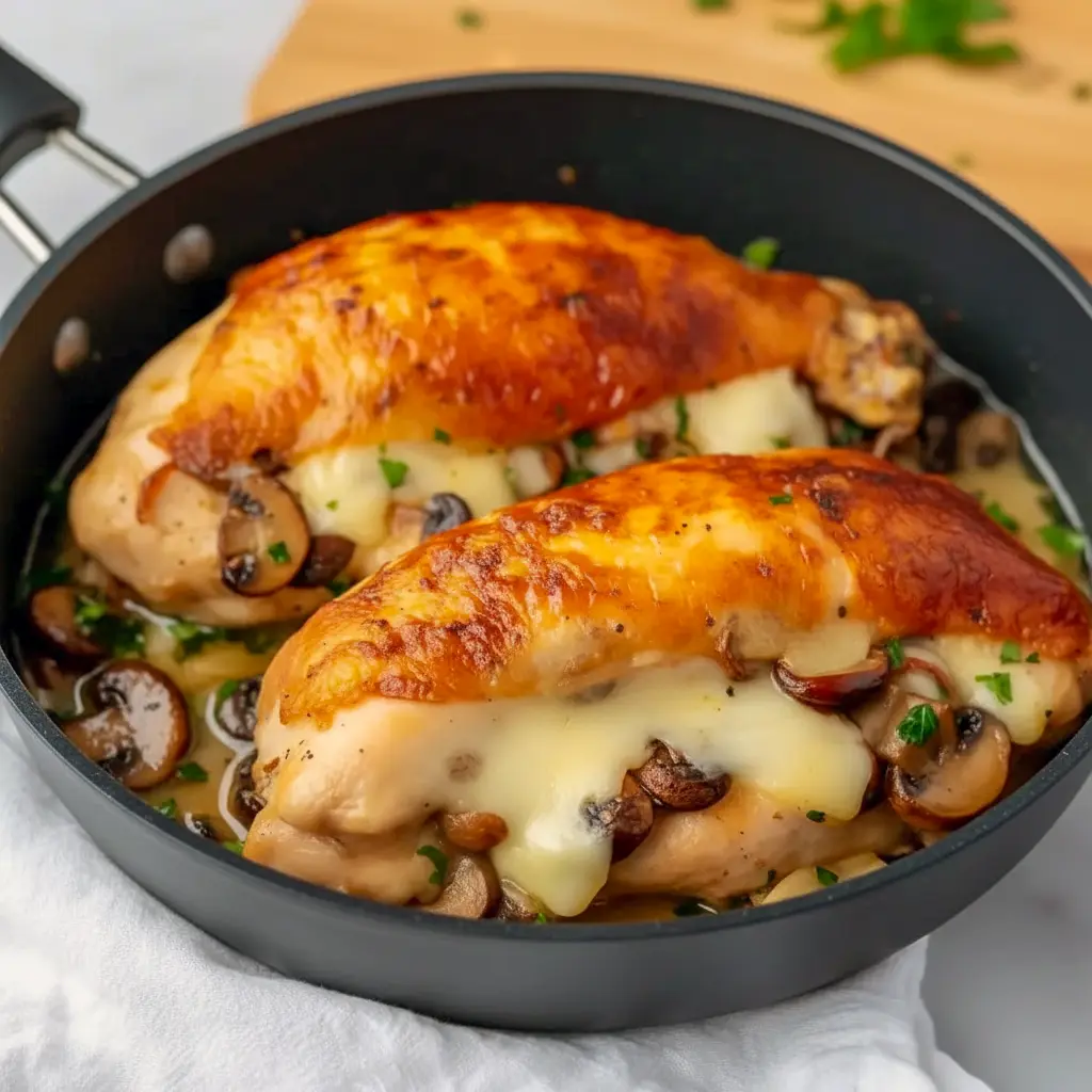 Sliced Stuffed Chicken Breast showing mushroom, spinach, and gooey cheese filling on a plate with greens — close-up, golden-baked.
