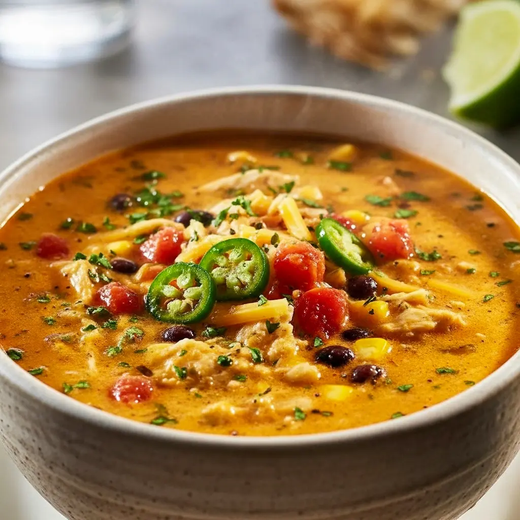 Steaming bowl of Black Bean Soup with shredded chicken, roasted poblano, corn, and cilantro — a simple, cozy Easy Soup Recipe.