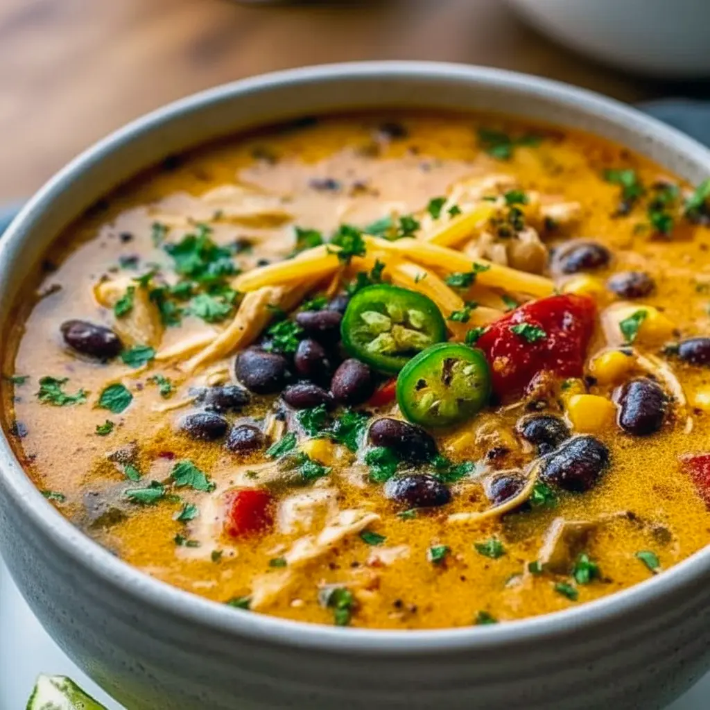 Steaming bowl of Black Bean Soup with shredded chicken, roasted poblano, corn, and cilantro — a simple, cozy Easy Soup Recipe.