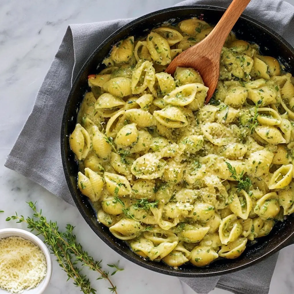 Zucchini Sauce coating rigatoni with fresh basil and grated cheese, an example of Healthy Sauces For Pasta.