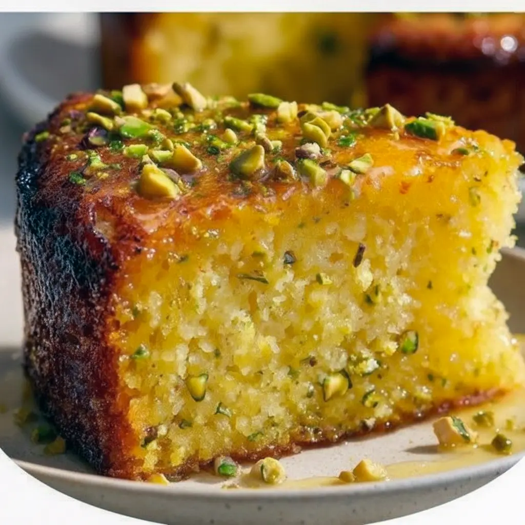 A slice of Lemon Pistachio Cake with lemon glaze and chopped pistachios — an easy Gluten Free Cake Almond Flour Recipe.