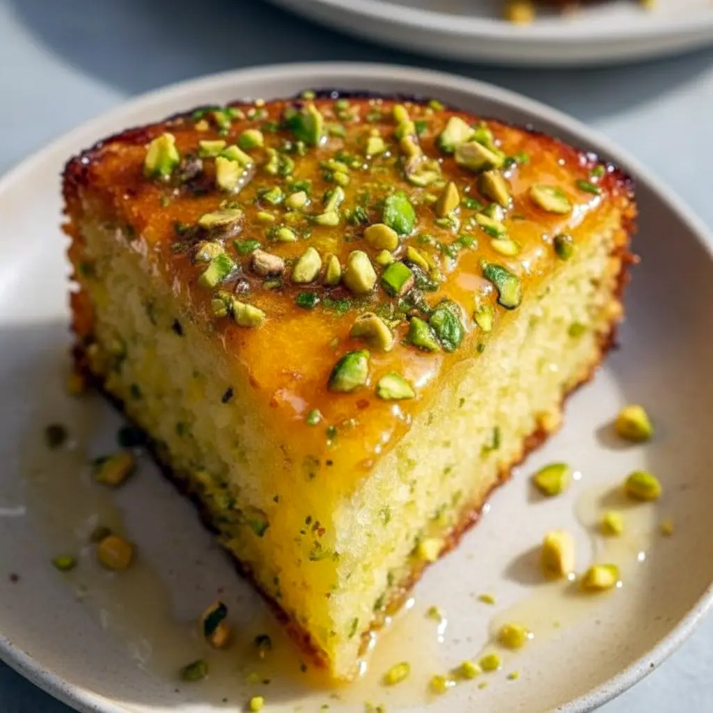 A slice of Lemon Pistachio Cake with lemon glaze and chopped pistachios — an easy Gluten Free Cake Almond Flour Recipe.